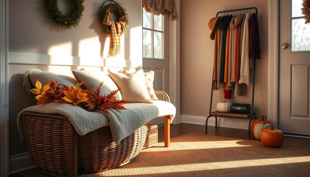 A cozy entryway adorned with seasonal decor, showcasing an inviting bench overflowing with plush throw pillows and a woven basket brimming with autumn foliage. The warm, soft lighting casts a gentle glow, casting shadows that highlight the texture of a large woven area rug. In the background, a tall, elegant coat rack displays an array of colorful scarves and hats, ready to be grabbed on a crisp autumn day. The scene exudes a sense of organization and coziness, perfectly capturing the essence of a well-curated seasonal entryway.