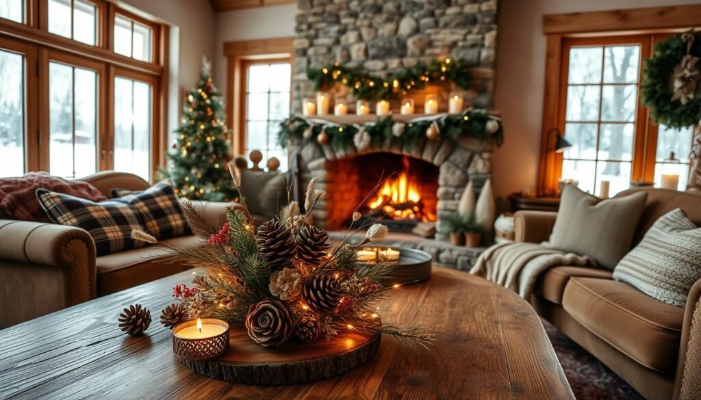 A cozy living room filled with handcrafted seasonal decor. In the foreground, a rustic wooden table showcases a centerpiece of pinecones, dried flowers, and twinkling fairy lights. Behind it, a plush velvet sofa is adorned with plaid throw pillows and a knitted blanket. In the middle ground, a large stone fireplace crackles with a warm glow, casting soft shadows across the room. On the mantel, a garland of evergreen foliage and tealight candles creates a inviting ambiance. In the background, a large window reveals a snowy winter landscape, adding to the tranquil, hygge-inspired atmosphere. Captured with a wide-angle lens, the scene exudes a cozy, comforting mood perfect for the holiday season.