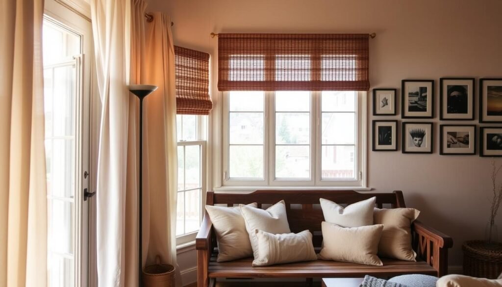 A cozy living room with a large window, illuminated by warm, natural light. In the foreground, an array of inexpensive yet stylish window coverings - sheer curtains that gently billow, simple bamboo blinds, and a sleek roller shade. The middle ground features a rustic wooden bench adorned with plush throw pillows, creating a inviting seating area. In the background, a minimalist gallery wall showcases a collection of framed prints, complementing the overall earthy, relaxed ambiance. The scene conveys a sense of effortless elegance, where budget-friendly window treatments are elevated through thoughtful styling.