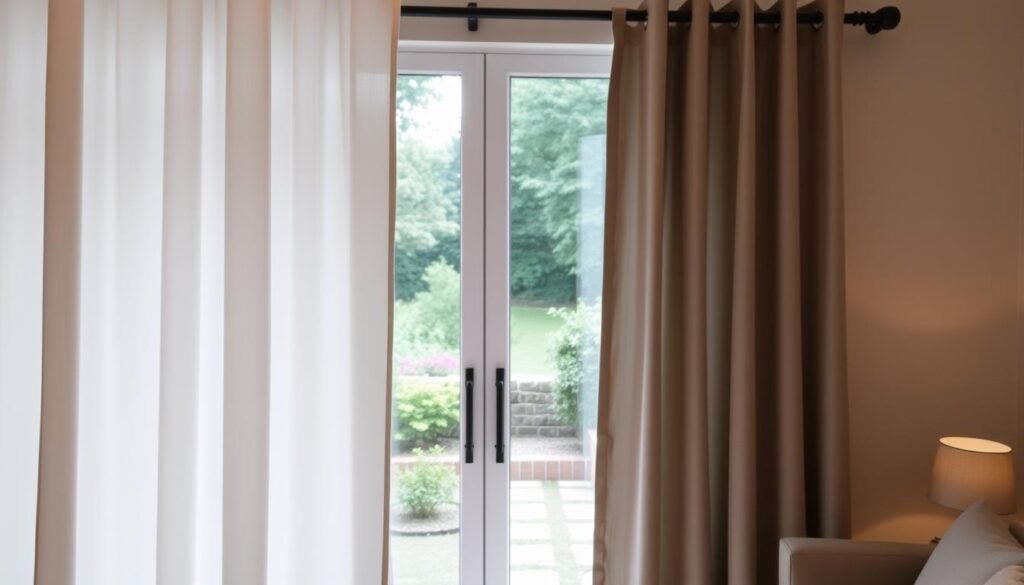 A cozy living room with a large window overlooking a serene garden. In the foreground, a pair of sheer, lightweight curtains in a soft, neutral tone gently sway in the breeze, providing subtle privacy and a touch of elegance. In the middle ground, a set of simple, rod-pocket drapes in a linen-like texture in a muted gray or beige shade hang gracefully, framing the window and complementing the room's decor. The background features a tranquil outdoor scene with lush greenery and a hint of a garden path, creating a calming and inviting atmosphere. The lighting is soft and natural, with a warm, diffused glow illuminating the space.