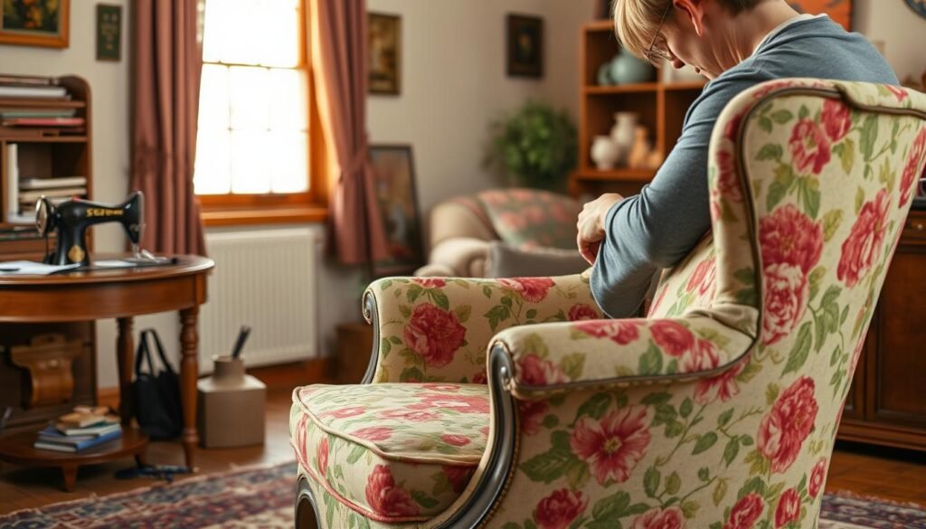 A cozy living room with a vintage armchair in the foreground, its faded upholstery being skillfully reupholstered with a vibrant floral pattern. The worker's hands carefully sewing the fabric, their face out of frame, conveying a sense of focus and dedication. The middle ground features a wooden side table with a sewing machine and an array of tools, while the background showcases a window letting in warm, natural light, casting a soft glow on the scene. The overall atmosphere is one of creative rejuvenation, where old furnishings are transformed with care and attention to detail.