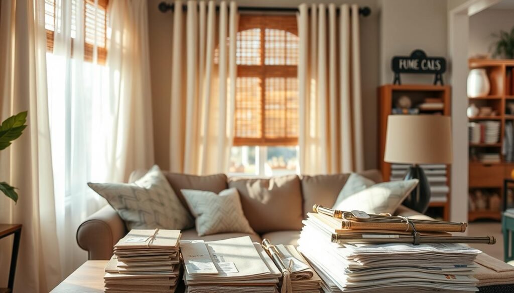 A cozy living room with an assortment of affordable window treatments. Sunlight streams through sheer curtains, illuminating a collection of budget-friendly options, including woven bamboo shades, pleated panels, and faux wood blinds. In the foreground, a stack of price tags and fabric swatches showcases the variety of cost-effective solutions. The middle ground features a selection of window rods, tiebacks, and hardware, all within a modest budget. The background hints at a well-stocked home goods store, offering a wide range of stylish yet affordable window dressing choices. The overall mood is one of warm, inviting comfort and accessible design.