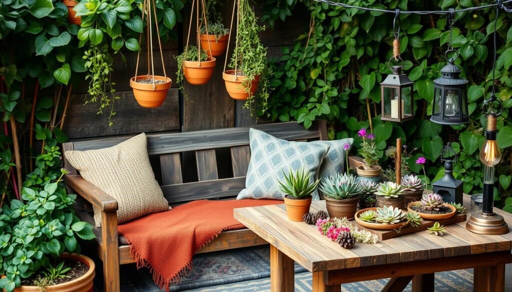 A cozy outdoor nook nestled amidst lush greenery, adorned with a mix of natural and repurposed decor elements. A rustic wooden bench draped with a warm, textured throw cushion invites visitors to unwind. Whimsical hanging planters sway gently in the breeze, their cascading vines complementing the earthy tones of terracotta pots. Nearby, a reclaimed wood table displays an assortment of vibrant succulents and wildflowers, their colors popping against the weathered surface. Soft, diffused lighting from lanterns and string lights casts a welcoming glow, creating an intimate, budget-friendly outdoor oasis.