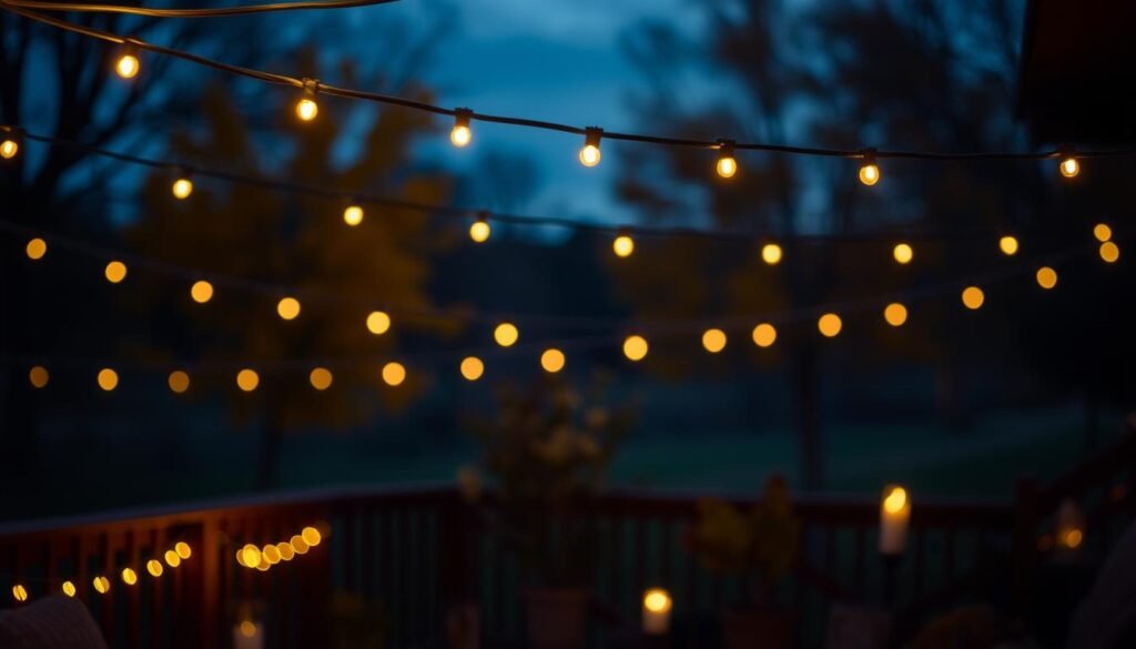 A cozy outdoor scene at dusk, with warm string lights illuminating a patio or garden area. Soft, ambient lighting creates a inviting atmosphere, with a few scattered candles or lanterns adding gentle flickering accents. The background features a blurred, autumnal landscape with trees in golden fall foliage. The lighting is low and diffused, creating a sense of coziness and relaxation. The overall mood is tranquil, intimate, and perfect for setting the tone for a cozy fall evening outdoors.