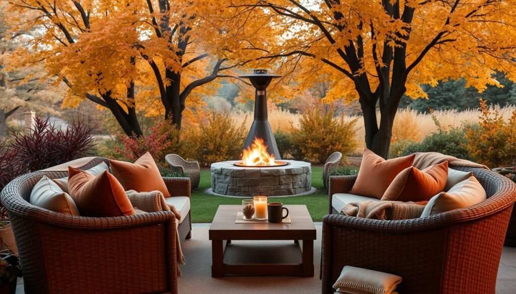 A cozy outdoor seating arrangement nestled in a lush, autumnal landscape. In the foreground, plush armchairs and a loveseat crafted from natural woven materials, accented with plush throw pillows and blankets in warm, earthy tones. A low, wooden coffee table sits between the seating, topped with a flickering candle and a mug of steaming beverage. The middle ground features a backdrop of vibrant fall foliage, with trees shedding their golden leaves. Soft, diffused lighting filters through the canopy, creating a warm, intimate atmosphere. In the distance, a stone firepit or outdoor heater glows, inviting guests to gather and enjoy the crisp, autumn air. The entire scene exudes a sense of cozy comfort and seasonal charm.
