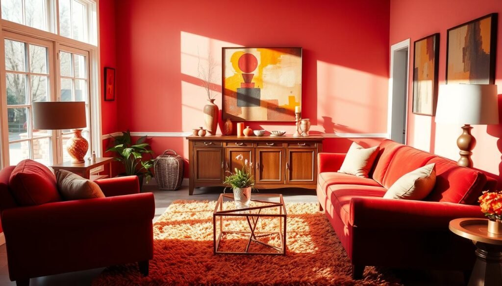 A cozy, sun-drenched living room with warm reds and oranges accenting the walls, furniture, and decor. Plush velvet armchairs in a deep crimson hue, complemented by a plush burnt orange area rug. Decorative vases, candlesticks, and abstract artwork in shades of rust, sienna, and tangerine adorn the wooden console table and shelves. Soft, diffused lighting from a pair of brass table lamps creates a inviting, intimate ambiance. Large windows allow natural light to stream in, illuminating the vibrant color palette. The overall scene radiates a sense of comfort, sophistication, and a touch of modern flair.