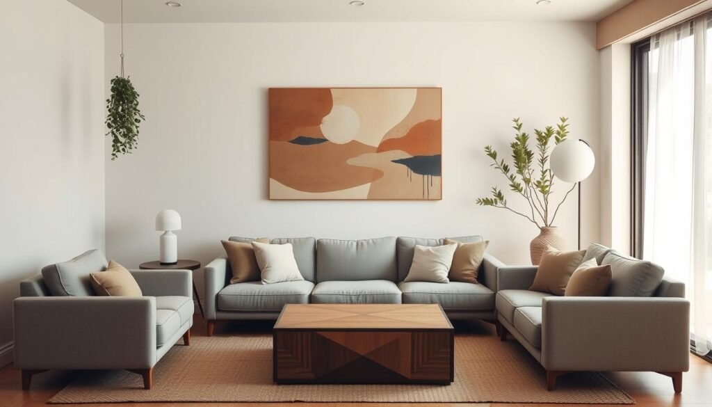 A cozy, well-lit Japandi-inspired living room with muted tones, clean lines, and natural textures. In the foreground, a mid-century modern sofa in soft gray upholstery flanked by minimalist wooden side tables. On the walls, a hanging plant and a large abstract canvas in earthy hues. The middle ground features a low, rectangular coffee table with a Japanese-inspired geometric pattern, surrounded by plush, neutral-colored pillows. In the background, a window overlooking a serene garden, letting in warm, diffused natural light. The overall atmosphere is one of calm, balance, and understated elegance.