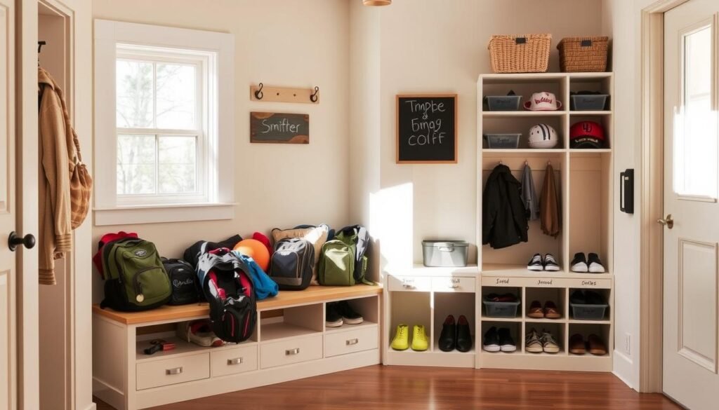 A cozy, well-lit entryway with a prominent bench and various organizational solutions for children's belongings. On the bench, a mix of backpacks, jackets, and sports equipment are neatly arranged. Nearby, a set of shelves and cubbies hold labeled containers for shoes, hats, and other small items. The warm, inviting atmosphere is complemented by natural light streaming through a window, highlighting the clean, minimalist design. Subtle details like hooks, baskets, and chalkboards add functionality and a touch of whimsy. The overall scene conveys a sense of order and efficiency, making it easy for kids to independently access and store their everyday gear.