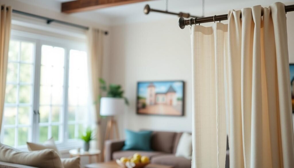 A cozy, well-lit living room with large windows. In the foreground, a selection of economical yet stylish drapery options are displayed, showcasing various fabrics, patterns, and textures that would complement the room's decor. The middle ground features a few hanging curtain rods of different sizes, allowing the viewer to imagine how the drapery would be installed. The background softly blurs, drawing the focus to the window treatments. The overall scene conveys a sense of warmth, comfort, and budget-friendly elegance.