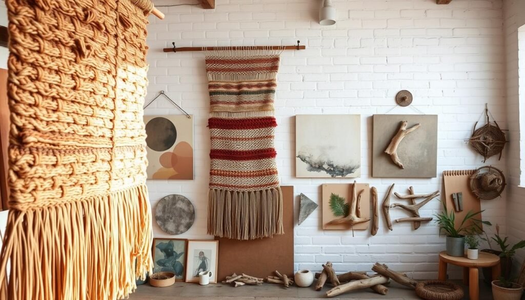 A cozy, well-lit studio space showcasing an array of DIY wall art projects. In the foreground, a vibrant hand-woven tapestry in earthy tones hangs proudly, its intricate textures and patterns catching the soft, warm light. Canvases of abstract expressionist paintings and carefully arranged driftwood pieces line the middle ground, creating a harmonious gallery-like display. The background features a clean, white-washed brick wall, highlighting the natural, organic nature of the textiles and handcrafted artworks. The overall scene exudes a sense of artisanal charm and rustic elegance, inspiring viewers to explore their own creative potential for transforming bare walls into unique, personalized sanctuaries.