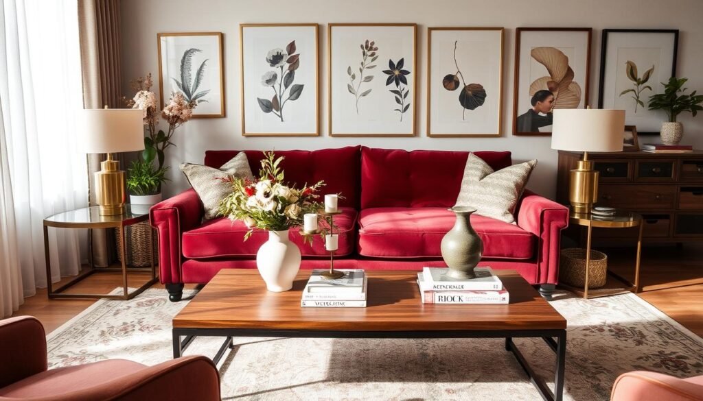 A cozy yet chic living room, adorned with a mix of contemporary and vintage decor elements. In the foreground, a plush velvet sofa in a rich burgundy hue sits atop a delicate, patterned area rug. Flanking the sofa, a pair of sleek, brass side tables hold statement lamps with linen shades, casting a warm, ambient glow. In the middle ground, a wooden coffee table is topped with a curated selection of decorative objets, including a vase of fresh flowers, a stack of artful books, and a polished tray. The background features a gallery wall of framed botanical prints and abstract art, complemented by sheer curtains that filter in natural light. The overall scene exudes a sense of refined sophistication and seasonal elegance.