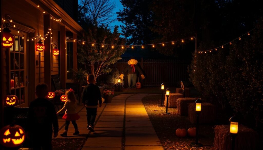 A dimly lit patio at dusk, festively adorned with carved jack-o'-lanterns, dangling string lights, and a spooky scarecrow. In the foreground, a group of trick-or-treaters navigate the path, their costumes aglow in the ambient lighting. The middle ground features a well-maintained walkway lined with decorative straw bales and illuminated by strategically placed solar path markers. In the background, a wrought-iron fence and lush autumnal foliage create a cozy, inviting atmosphere. The lighting is warm and atmospheric, casting dramatic shadows and highlighting the intricate details of the decor. The overall scene conveys a sense of safety, comfort, and the spirit of Halloween.