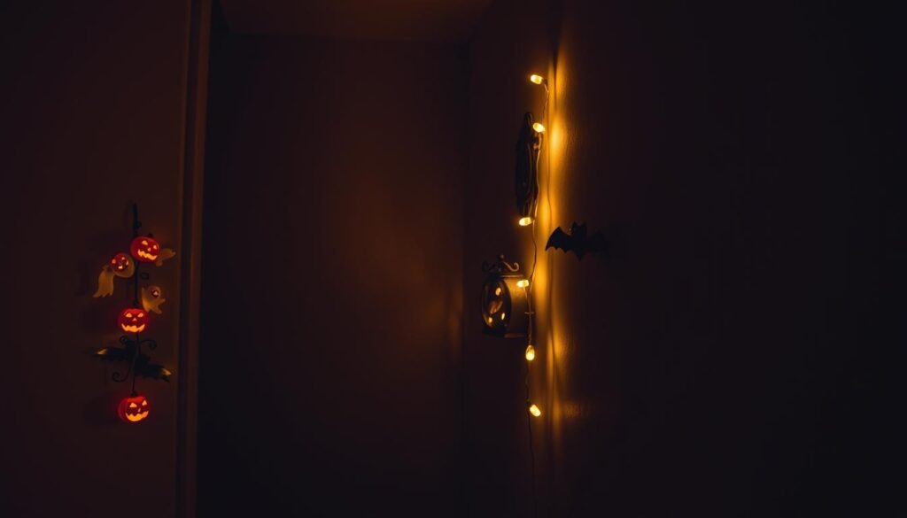 A dimly lit room with a small wall space adorned with spooky Halloween decorations. In the foreground, a collection of miniature jack-o'-lanterns, ghosts, and bats cling to the wall, casting eerie shadows. In the middle ground, a few string lights wind around the decor, adding a warm, festive glow. The background features a shadowy, textured wall with a hint of moody, atmospheric lighting, creating a cozy, haunted ambiance. The scene is captured with a wide-angle lens, highlighting the clever use of the limited wall space to create a delightfully spooky and inviting Halloween display.