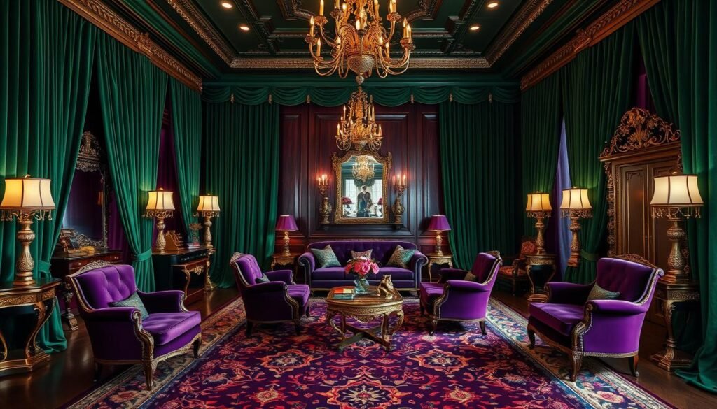 A grand and opulent interior bathed in the rich, saturated hues of jewel-toned splendor. Lush velvet curtains in a deep emerald green frame a central arrangement of plush, velvety royal purple armchairs and a sumptuous sofa. Gleaming brass accents and intricately carved wooden furnishings add an air of refined elegance. Soft, warm lighting from vintage-inspired chandeliers casts a golden glow, complementing the deep, lustrous colors. The floors are adorned with a stunning Persian rug in a bold, jewel-toned pattern that ties the entire scene together. An atmosphere of luxurious sophistication pervades the space, creating a high-end, visually captivating tableau.