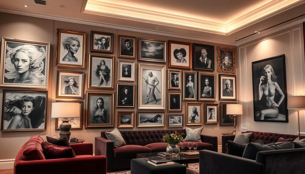A high-end gallery wall in a luxurious living room, featuring an assortment of framed artworks and photographs. The wall is adorned with a mix of different-sized frames, some with ornate gold or silver accents, others with clean, minimalist lines. The pieces range from abstract expressionist paintings to striking black-and-white portraits, all expertly curated to create a cohesive and visually stunning display. Soft, warm lighting from recessed ceiling fixtures and floor lamps casts a gentle glow, highlighting the intricate details and textures of the artwork. The room is furnished with plush, velvet sofas and armchairs in rich, jewel-toned hues, complementing the elegant and sophisticated ambiance.