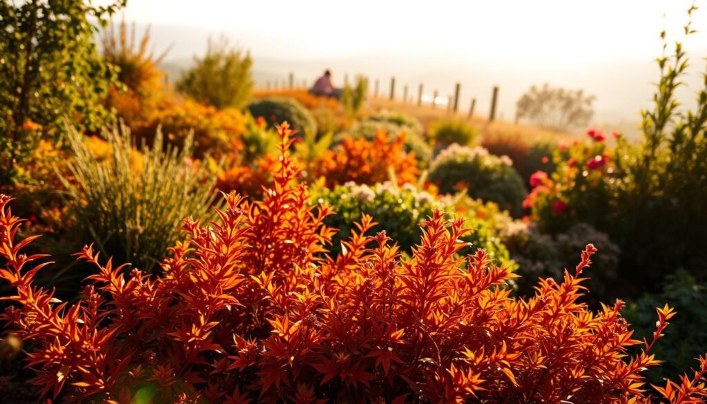 A lush, autumnal garden scene with vibrant fall plants in the foreground, bathed in warm, golden sunlight. In the midground, a variety of colorful foliage and flowering plants create a layered, harmonious composition. The background features a blurred, misty landscape, adding depth and a sense of tranquility. The lighting is soft and diffused, casting gentle shadows and highlights that accentuate the textures and colors of the plants. Capture this cozy, inviting atmosphere with a wide, panoramic angle that showcases the beauty of the seasonal garden.