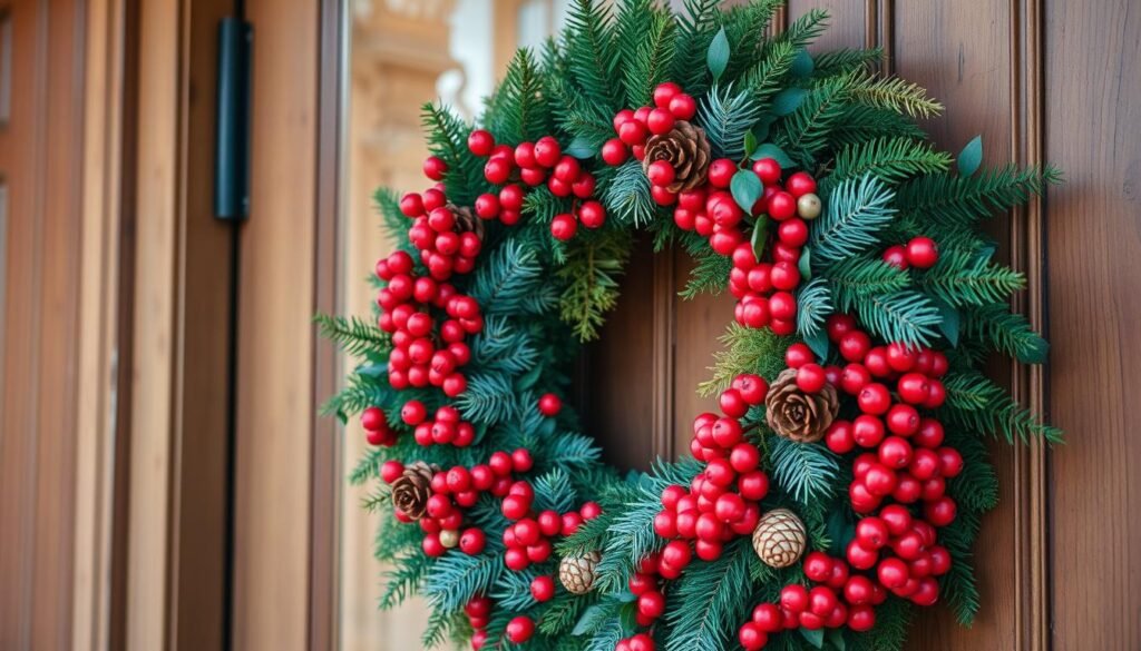 A lush, festive wreath adorns the front door, its vibrant crimson and evergreen hues radiating a warm, inviting glow. Vibrant red berries, delicate pine cones, and an array of fragrant greenery - including fir, cedar, and eucalyptus - are artfully arranged in a classic, symmetrical design. The wreath is illuminated by soft, diffused lighting, casting a cozy, welcoming ambiance. In the background, a weathered wooden door frames the scene, complementing the rustic, autumnal aesthetic. The overall composition evokes a sense of seasonal cheer and hospitality, perfectly suited to greet guests and set the tone for a cozy, fall-inspired outdoor gathering.