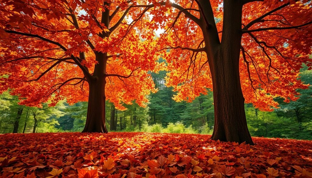 A lush, sun-dappled canopy of vibrant autumn foliage, with crisp leaves in a kaleidoscope of colors - fiery reds, burnished oranges, and warm golds. The foreground is filled with a carpet of fallen leaves, each with intricate textures and veining. In the middle ground, sturdy tree trunks rise up, their branches reaching skyward and creating a natural frame. The background features a softly blurred forest, hinting at the verdant expanse beyond. The lighting is soft and diffused, casting a gentle glow and creating a sense of warmth and tranquility. Capture this enchanting autumnal scene with a wide-angle lens, showcasing the depth and richness of the natural display.