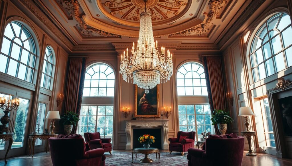 A luxurious and elegant living room bathed in warm, ambient lighting. The focal point is a stunning crystal chandelier suspended from a high, ornate ceiling, casting a soft, diffused glow throughout the space. Plush, velvet-upholstered furniture in a rich burgundy hue is arranged in a cozy conversation area, complemented by a polished marble fireplace mantel and ornate gold accents. Large windows allow natural light to filter in, creating a harmonious blend of natural and artificial illumination. The overall atmosphere exudes a sense of sophisticated refinement and understated luxury.