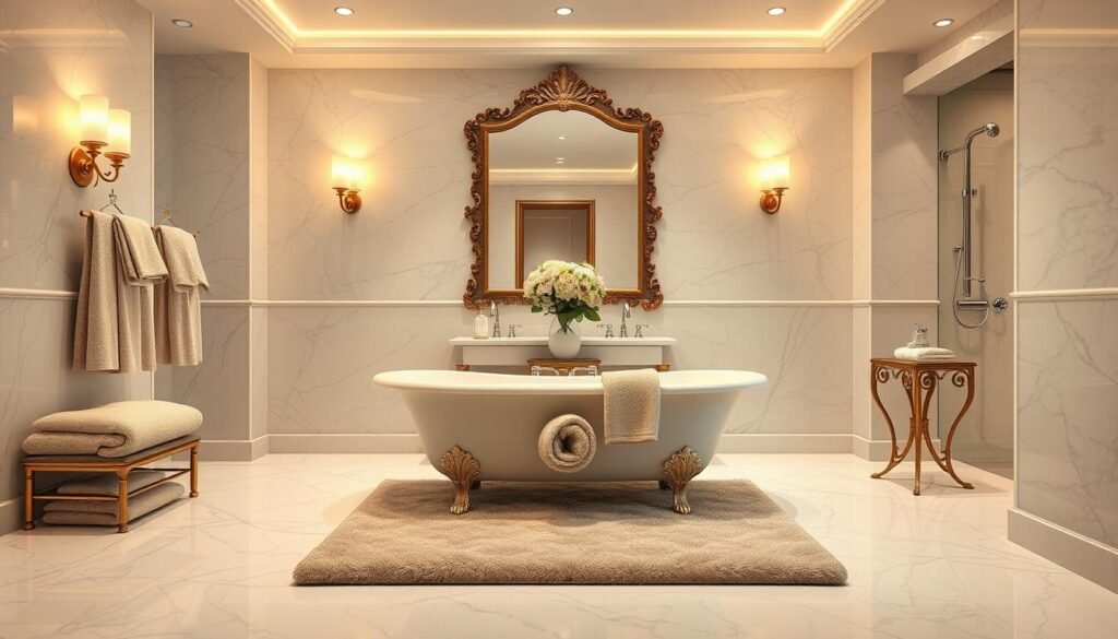 A luxurious bathroom with a spacious open layout, featuring a freestanding clawfoot bathtub positioned in the center. The room is adorned with warm, inviting lighting, including a pair of elegant sconces flanking a large, ornate mirror. Plush, textured towels and a cozy bathmat in neutral tones add to the serene, spa-like atmosphere. The walls are covered in gleaming marble tiles, complemented by sleek, polished chrome fixtures. A small, decorative table with a vase of fresh flowers adds a final touch of refined sophistication.
