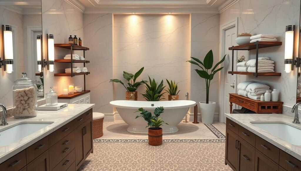 A luxurious bathroom with gleaming marble countertops, polished chrome fixtures, and decorative glass jars filled with high-end bath salts and lotions. Soft, plush towels in a neutral palette are neatly folded and displayed on rustic wooden shelves. Warm, indirect lighting casts a gentle glow, creating a serene and inviting atmosphere. A large, freestanding soaking tub sits in the center, surrounded by lush potted plants. Intricate tile patterns cover the floor and walls, adding visual interest and a touch of elegance. The overall scene conveys a sense of opulence and relaxation, perfectly complementing the "Use Decorative Storage Solutions" section of the article.