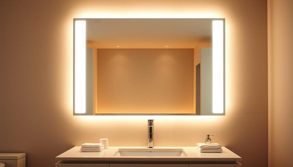 A luxurious high-end bathroom mirror with a sleek, frameless design. The mirror is surrounded by warm, diffused lighting that casts a soft, inviting glow, creating a relaxing and spa-like atmosphere. The mirror's surface is pristine, reflecting the user's image with clarity and precision. The mirror is positioned above a modern, minimalist vanity, integrated seamlessly into the overall bathroom design. The lighting and mirror work in harmony to optimize the space, elevating the user's experience and creating the feeling of a high-end, luxurious bathroom.