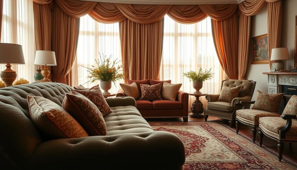 A luxurious living room adorned with an exquisite array of textiles. In the foreground, a plush, velvet sofa in a rich, jewel-toned hue invites you to sink into its sumptuous embrace. Layered upon it, a collection of elegant throw pillows in complementary patterns and textures, creating a visually stunning and tactile display. In the middle ground, a lush, hand-woven area rug with a intricate, traditional design anchors the space, its soft fibers adding warmth and depth. The walls are adorned with luxurious draperies, their flowing, silky fabric cascading gracefully, filtered by warm, natural lighting that bathes the room in a soft, inviting glow. The scene exudes an air of refined sophistication and timeless elegance.
