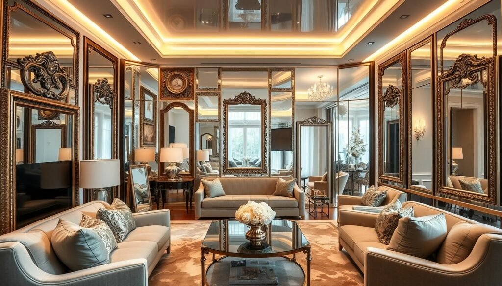 A luxurious living room with a stunning array of mirrors, creating an illusion of depth and grandeur. Elegant decor in neutral tones, with plush fabrics and metallic accents, exuding an aura of sophisticated comfort. Strategically placed mirrors of various shapes and sizes, from ornate framed pieces to sleek, minimalist designs, reflecting the room's furnishings and natural light, amplifying the sense of spaciousness. Warm, directional lighting casts a soft, ambient glow, complementing the mirrored surfaces and creating a serene, inviting ambiance. The overall scene conveys a harmonious blend of affordable luxury and thoughtful design.