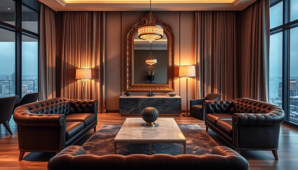 A luxurious living room with high-end furniture pieces, bathed in warm, soft lighting. In the foreground, a plush, deep-tufted leather sofa with brass accents and nailhead trim, flanked by a pair of velvet armchairs in a rich, jewel-toned hue. A polished marble coffee table with sleek, tapered legs takes center stage, complemented by a matching side table. In the middle ground, a large, ornate mirror with an intricate gold frame reflects the ambient glow, while a statement floor lamp casts a cozy, ambient light. The background features elegant, floor-to-ceiling curtains in a shimmering fabric, framing a large window that offers a glimpse of a picturesque cityscape outside.