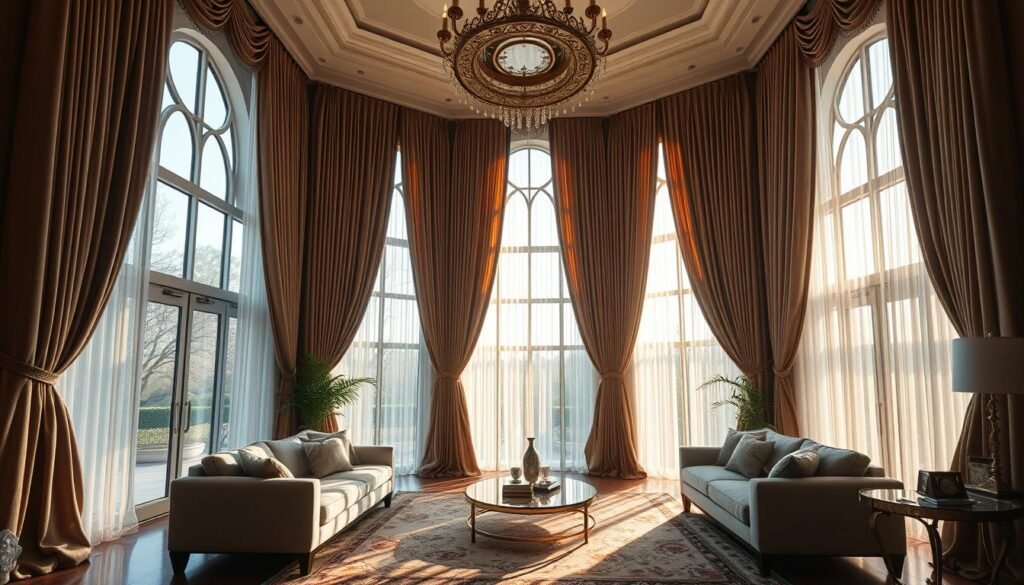 A luxurious living room with large, elegant window treatments that filter warm, natural light. Flowing, heavy drapes in a rich, textured fabric like velvet or silk cascade gracefully from the ceiling, framing the view outside. The drapes are accented with intricate, gilded hardware that adds a touch of opulence. The overall effect is one of refined sophistication, creating a cozy and inviting atmosphere perfect for relaxation. A plush, patterned rug and sumptuous furnishings complete the high-end, designer-curated look. Captured with a wide-angle lens to showcase the grandeur of the space, the image has a cinematic, high-fidelity quality.