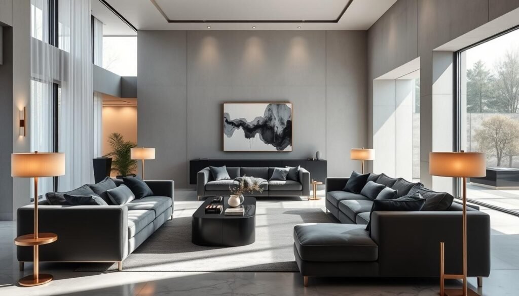 A luxurious, minimalist living space bathed in soft, diffused natural light streaming through large floor-to-ceiling windows. Plush gray velvet sofas and armchairs arranged in a cozy conversational setting, complemented by sleek charcoal-toned accent pieces. Elegant, tapered lamps cast a warm glow, illuminating the room's serene atmosphere. The muted palette is punctuated by metallic accents, such as polished chrome or brushed gold, adding a touch of sophisticated refinement. Floating shelves display artfully curated decor, while a large, abstract wall hanging anchors the space. High-end materials, like smooth marble or polished concrete, elevate the overall aesthetic, creating a sense of elevated, understated luxury.
