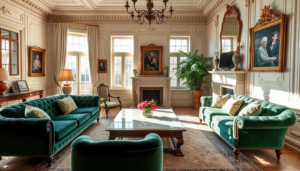 A luxurious, sun-drenched living room adorned with exquisite furnishings and framed family photographs. Plush velvet sofas in a deep emerald hue invite relaxation, while a polished marble coffee table anchors the space. Ornate, gilded frames display cherished memories, casting a warm, nostalgic glow. Soft, natural light filters through large windows, illuminating the room's elegant details - intricate moldings, a grand fireplace mantel, and a lush, verdant plant in the corner. The overall atmosphere exudes a sense of timeless sophistication and family legacy.