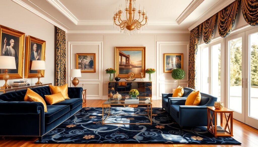A luxurious, well-appointed living room with a high-end navy blue velvet sofa accented by plush gold throw pillows. The room is flooded with warm, natural light from large windows, casting a soft glow on the elegant gold-framed artwork and mirrored console table. Sophisticated navy and gold patterned drapes frame the windows, complemented by a gold and glass chandelier overhead. The hardwood floor is covered by a lush navy and gold area rug, tying the color scheme together seamlessly. The overall atmosphere exudes a timeless, refined elegance.