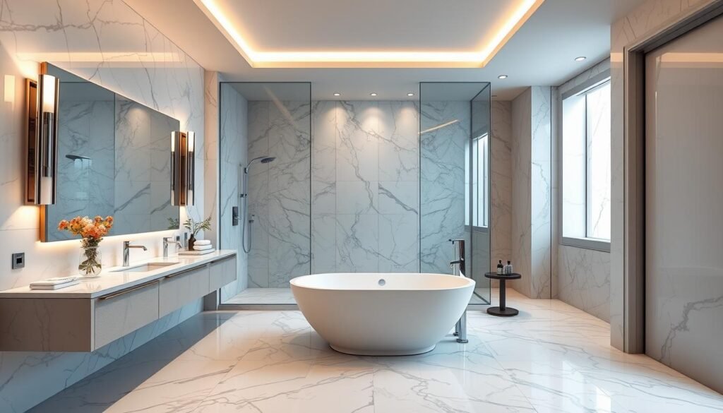 A luxurious, well-designed bathroom with a modern flair. The sleek, minimalist vanity features a large, rectangular mirror and elegant lighting fixtures that cast a warm, ambient glow. The spacious shower area is enclosed in frameless glass panels, creating a seamless, high-end aesthetic. Exquisite marble tiles cover the floors and walls, reflecting the light and adding a touch of sophistication. A freestanding bathtub takes center stage, complemented by a polished chrome faucet and understated decor. The overall atmosphere is one of effortless elegance and thoughtful functionality, creating a serene and indulgent retreat.