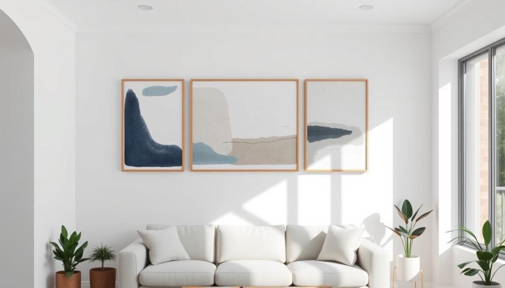 A minimalist living room with white walls, a large window letting in natural light, and a simple, modern wooden frame hanging on the wall displaying a series of abstract art prints in muted tones of blue, gray, and beige. The prints feature clean geometric shapes, subtle textures, and a cohesive, balanced composition that creates a calming, harmonious atmosphere. The room is sparsely furnished, with a neutral-colored sofa and a few potted plants, allowing the art to be the focal point. The lighting is soft and diffused, accentuating the depth and nuance of the prints. The entire scene conveys a sense of elegance, serenity, and a refined, understated aesthetic.