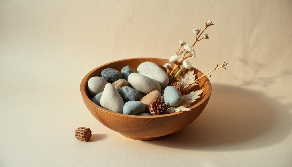 A minimalist still life featuring a wooden bowl filled with natural materials such as smooth river stones, woven bamboo, and dried floral sprigs, bathed in soft, diffused lighting. The composition is centered against a neutral backdrop of textured Japanese paper, evoking the serene, pared-down aesthetic of Japandi design. The image captures the warmth and tactility of these organic elements, inviting the viewer to appreciate the beauty of their simple, elemental forms.