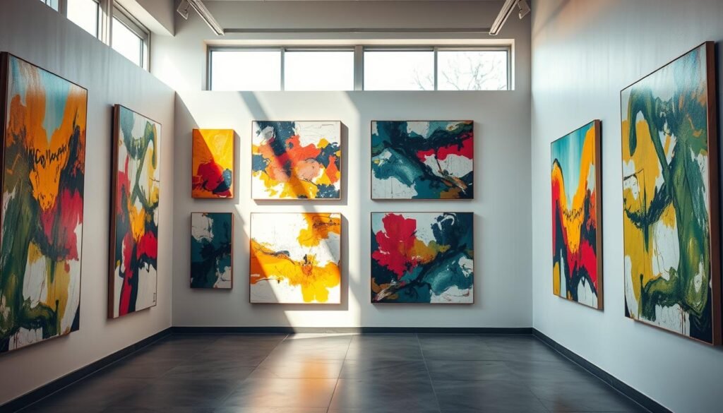 A modern art gallery, illuminated by warm, natural lighting streaming through large windows. The walls display an array of striking abstract paintings, featuring bold color palettes, dynamic compositions, and textural elements. The artwork is meticulously crafted, showcasing a range of techniques such as acrylic pours, brush strokes, and mixed media. The paintings are elegantly framed, complementing the sleek, minimalist design of the gallery space. The overall atmosphere is one of sophistication, creativity, and a celebration of the power of visual expression.