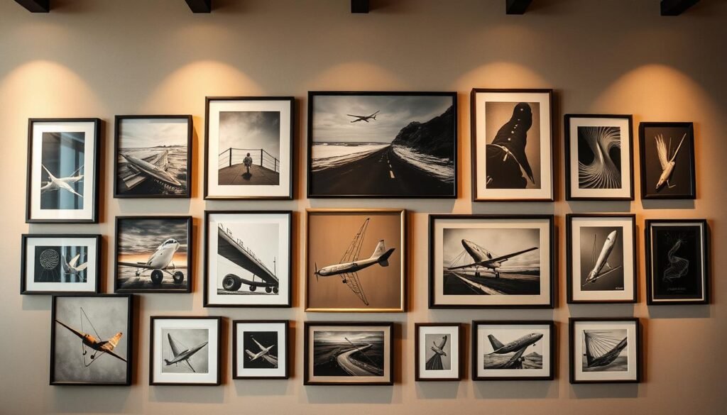 A modern gallery wall featuring a captivating mix of statement art pieces, framed in various sizes and materials. The arrangement creates a harmonious and visually striking display, with the artwork meticulously positioned to draw the eye and evoke a sense of sophistication. Soft, warm lighting casts a gentle glow, enhancing the textures and colors of the pieces. The walls are adorned with a neutral, earthy tone, allowing the artwork to take center stage. The overall atmosphere exudes a refined, museum-like ambiance, inspiring contemplation and appreciation of the carefully curated selection.