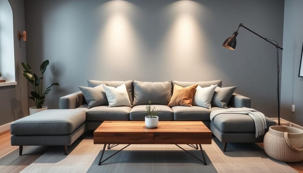 A modern, minimalist living room with a warm, inviting atmosphere. The centerpiece is a large, plush gray sofa with linen throw pillows, accented by a mid-century inspired coffee table with a wooden top and metallic legs. The walls are painted in a soft, muted blue-gray hue, creating a soothing, cohesive backdrop. Indirect lighting from wall sconces and a statement floor lamp cast a gentle glow, highlighting the room's clean lines and elegant simplicity. Subtle pops of greenery from a potted plant and a woven basket add a touch of natural charm. Overall, the space conveys an air of understated luxury and sophistication on a budget.