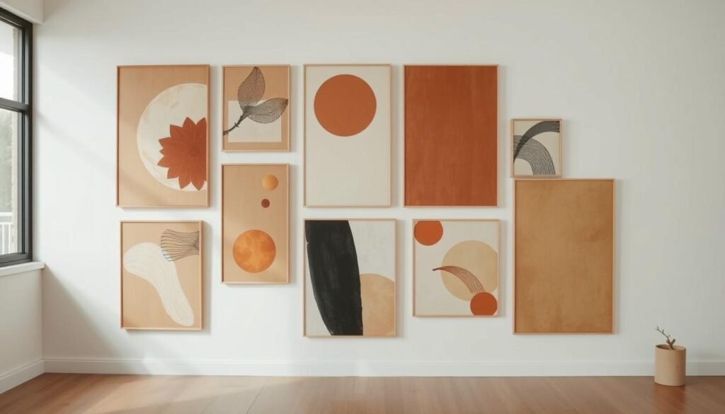 A modern, minimalist wall art display featuring a collection of abstract geometric shapes and patterns. The composition is arranged in a visually striking, asymmetrical layout, creating a sense of dynamic balance. The artwork is rendered in a muted, earthy color palette of warm tones, with subtle textures and gradients that add depth and visual interest. The lighting is soft and diffused, creating a calming, gallery-like atmosphere. The scene is captured with a wide-angle lens, allowing the viewer to appreciate the scale and cohesiveness of the overall display.