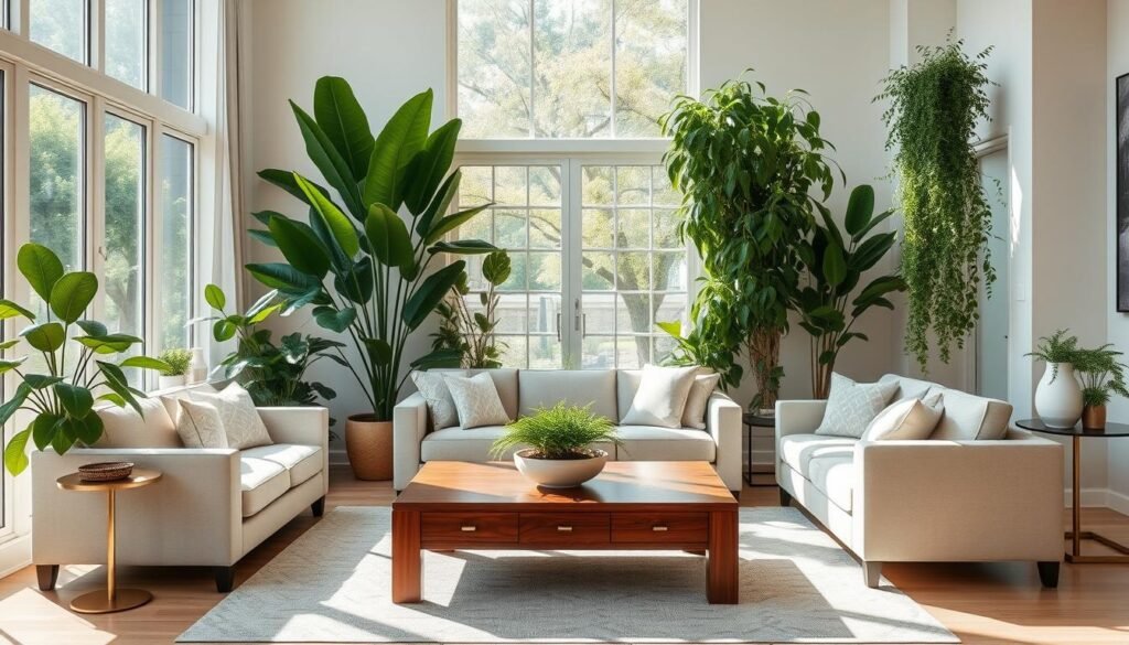 A modern, well-appointed living room with lush, thriving indoor plants artfully arranged to create a serene, calming atmosphere. Sunlight streams in through large windows, casting a warm, natural glow on the room's elegant furnishings - a plush, tufted sofa, a polished wood coffee table, and a sleek, minimalist side table. The greenery, including a towering fiddle-leaf fig and cascading pothos vines, adds a touch of luxury and sophistication, complementing the room's neutral color palette and clean, contemporary design. The overall effect is one of affordable, understated elegance - a harmonious blend of natural and manmade elements that elevates the living space.