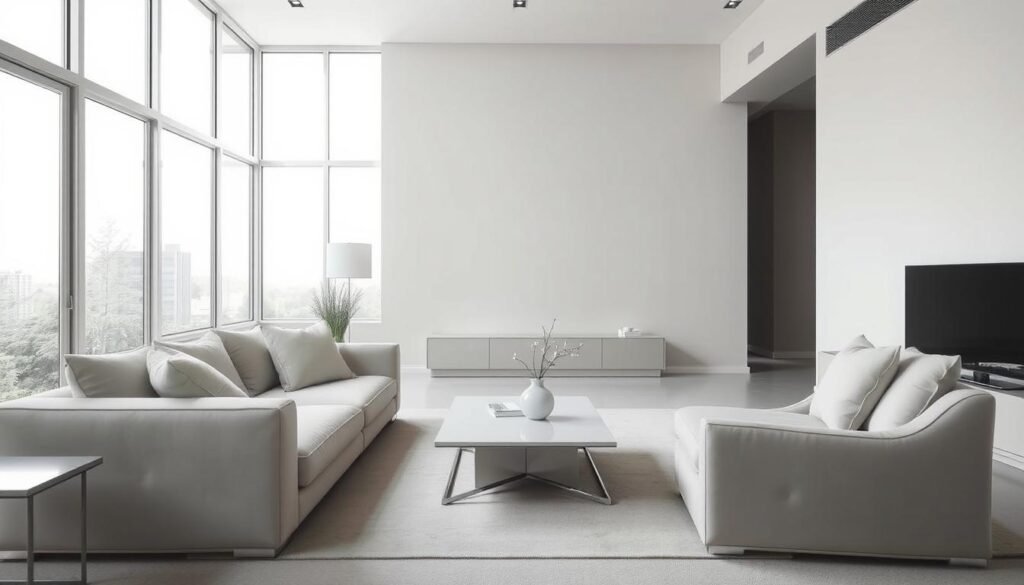 A peaceful, serene living room with a monochromatic color scheme. A neutral-toned sofa and armchair sit in the foreground, with plush textiles and minimalist decor accents. In the middle ground, a sleek coffee table and floor lamp create a cohesive visual balance. The background features large windows that flood the space with natural light, casting a soft, diffused glow. The overall atmosphere is one of understated elegance and refined sophistication, reflecting the high-end aesthetic of the room.