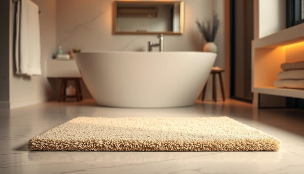 A plush, luxurious bath mat in a warm, neutral tone lies on a sleek, marble bathroom floor. The mat is thick, soft, and inviting, with a subtle textured pattern that adds visual interest. Warm, indirect lighting casts a gentle glow, creating a serene and relaxing atmosphere. The mat is positioned in the foreground, with the clean, minimalist bathroom fixtures and decor visible in the background, creating a harmonious and visually appealing composition. The overall scene conveys a sense of indulgence and comfort, perfectly embodying the idea of a "Luxurious Bath Mat" that elevates the everyday bathroom experience.