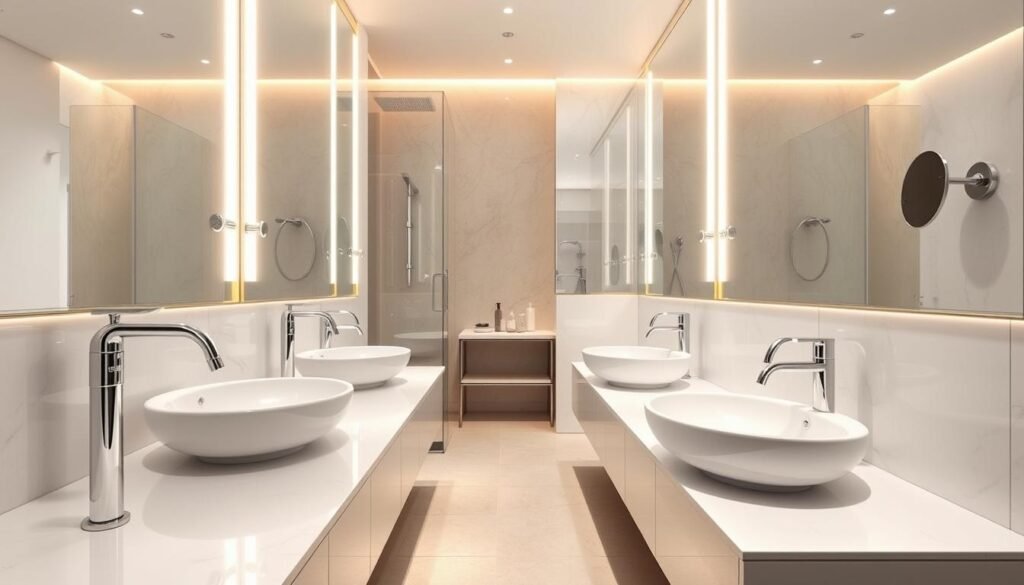 A pristine bathroom sanctuary, showcasing a stunning array of high-end fixtures. Shimmering chrome faucets, their elegant curves reflecting the warm, soft lighting that bathes the space. Gleaming porcelain sinks, their pristine surfaces beckoning to be adorned with luxurious toiletries. Sleek, frameless mirrors stretching from floor to ceiling, amplifying the sense of spaciousness and refinement. Underfoot, smooth, polished tiles in a muted palette, their subtle patterns complementing the overall design. A masterful blend of form and function, this bathroom exudes an air of modern sophistication and timeless luxury.
