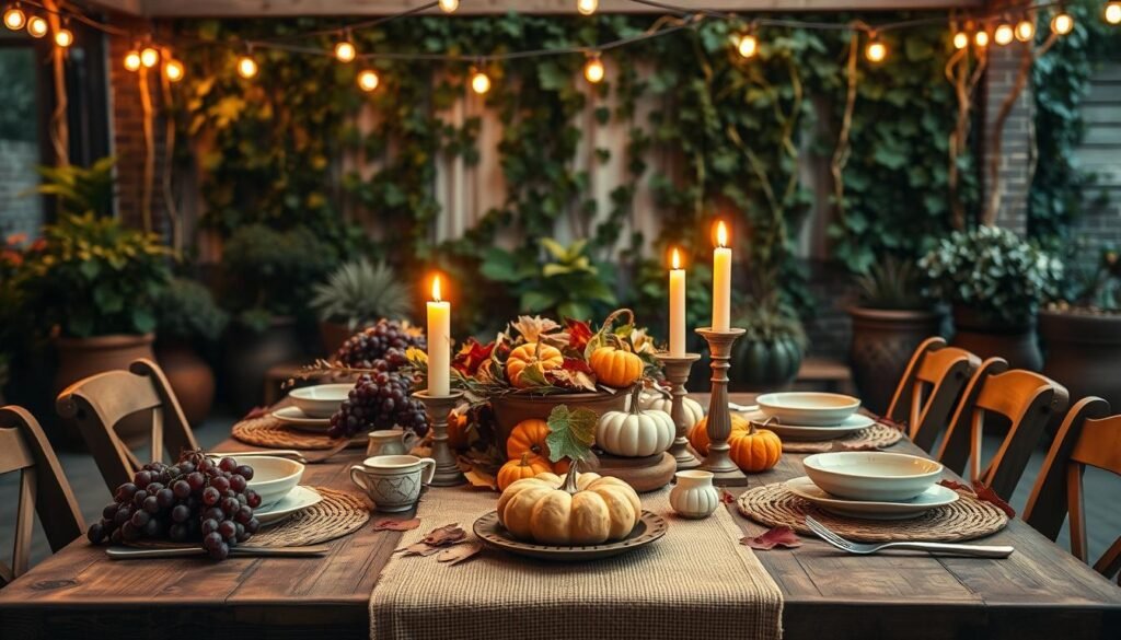 A rustic harvest-themed table setting, bathed in warm golden light from overhead string lights. In the foreground, a wooden table with a burlap table runner, adorned with seasonal produce - clusters of grapes, pumpkins, and autumnal leaves. Placed strategically are ceramic dishware, woven placemats, and vintage silverware. Flickering candles cast a cozy glow, complementing the earthy, natural tones. In the middle ground, a lush, verdant backdrop of potted plants and trailing vines frames the scene. The overall atmosphere evokes a sense of intimate, welcoming harvest celebration, perfect for transforming an outdoor area into a cozy autumnal oasis.