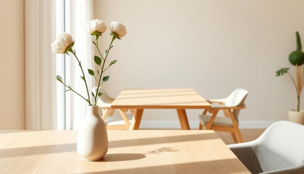 A serene and harmonious Japandi color palette, bathed in soft natural light. In the foreground, a minimalist vase with a single stem of delicate peonies, their pastel hues complementing the muted tones of the ceramic. In the middle ground, a smooth, tapered wooden table, its grain visible, surrounded by sleek Scandinavian-inspired chairs upholstered in a neutral palette of beige and gray. The background features a soothing, textured wall in a pale, earthy tone, accentuating the clean lines and natural materials of the Japandi aesthetic. The scene conveys a sense of tranquility, balance, and refined simplicity.