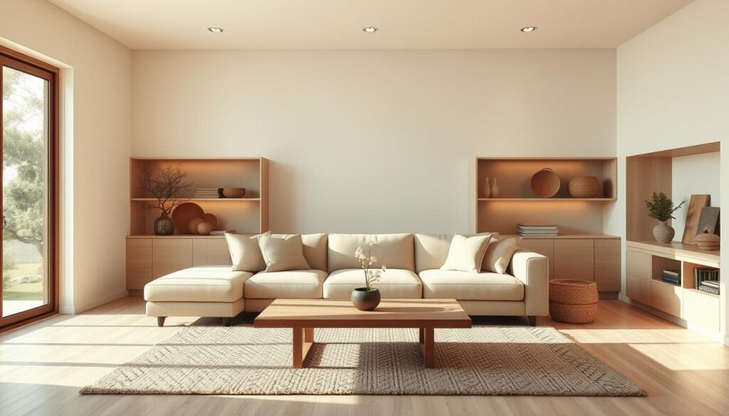A serene and harmonious Japandi-inspired living room, bathed in warm, diffused natural light filtering through large windows. The space features a minimalist, clean-lined sofa in a neutral tone, complemented by a low, wooden coffee table and plush, textured rug. Sleek, built-in shelving showcases carefully curated decorative accents, including ceramic vases, woven baskets, and a small bonsai plant. Soft, indirect lighting emanates from hidden sources, casting a gentle glow across the space. The room's neutral palette is punctuated by subtle pops of earthy greens and blues, harmoniously blending Japanese and Scandinavian design aesthetics. The overall atmosphere is one of serene sophistication, inviting relaxation and contemplation.