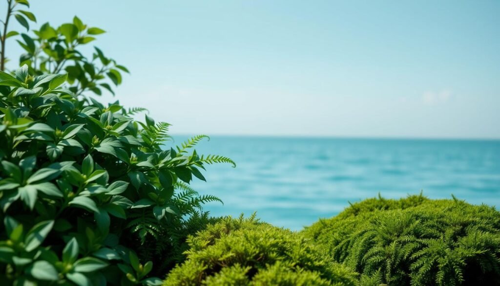 A serene, harmonious color palette of fresh greens and soft blues. In the foreground, a lush arrangement of verdant foliage - vibrant leaves, delicate ferns, and plush moss. In the middle ground, gentle waves of azure hues, reflecting the cloudless sky above. The lighting is soft and diffused, creating a tranquil, natural atmosphere. The composition is balanced and visually striking, inviting the viewer to immerse themselves in this calming, high-end color scheme. Captured with a sharp, detailed lens, this image exudes a sense of refinement and sophistication.