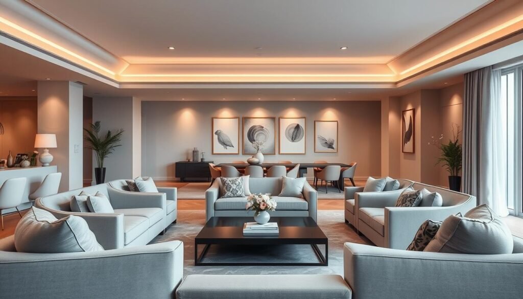 A soft, pastel-hued interior design with an upscale, elegant ambiance. The foreground features a spacious, well-appointed living room with plush, dove gray sofas and armchairs arranged around a low, modern coffee table. Delicate floral patterns and textures, such as velvet and woven accents, add depth and visual interest. Large windows flood the space with warm, diffused natural light, casting a gentle glow over the scene. In the middle ground, a dining area with a sleek, minimalist table and matching chairs in muted shades of pink and blue. The background showcases a beautifully curated art display and subtle, recessed lighting that accentuates the serene, tranquil atmosphere.