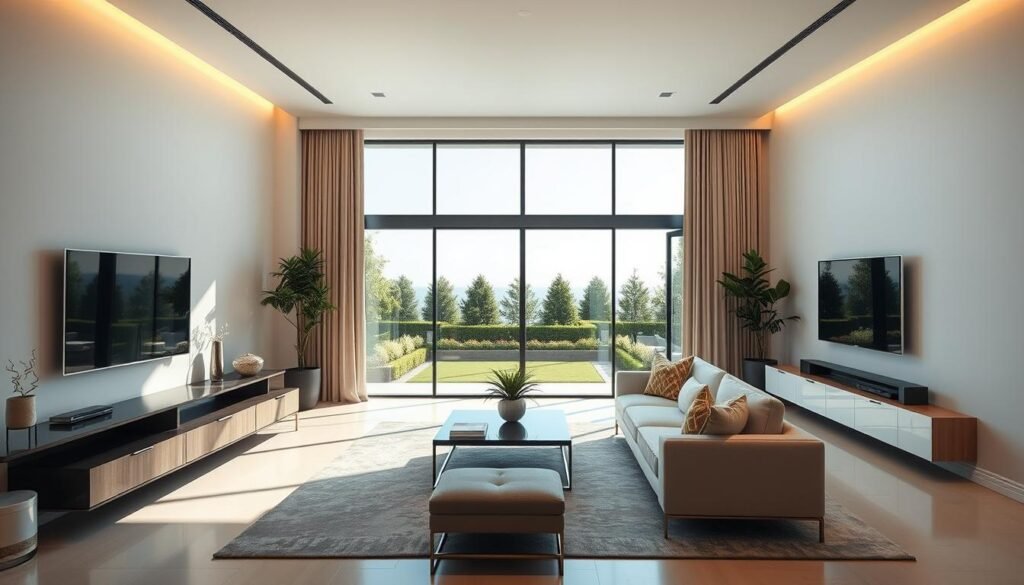 A sophisticated and immaculate living room bathed in warm, natural light. Sleek, minimalist furniture and fixtures seamlessly integrated with cutting-edge smart home technology. Discreet voice-controlled lighting, climate, and entertainment systems. A panoramic window offers a breathtaking view of a lush, manicured garden. The space exudes an atmosphere of effortless luxury and serenity, a harmonious blend of form and function.